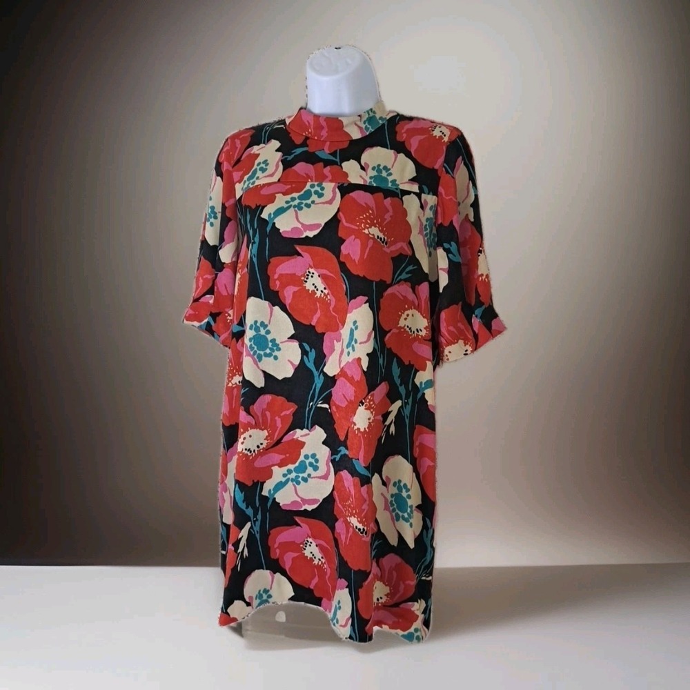 Zara Trafaluc Mini Dress M Red Poppy Floral Short Sleeves Lined Keyhole Bk Shift